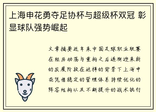上海申花勇夺足协杯与超级杯双冠 彰显球队强势崛起 上海申花勇夺足协杯与超级杯双冠 彰显球队强势崛起