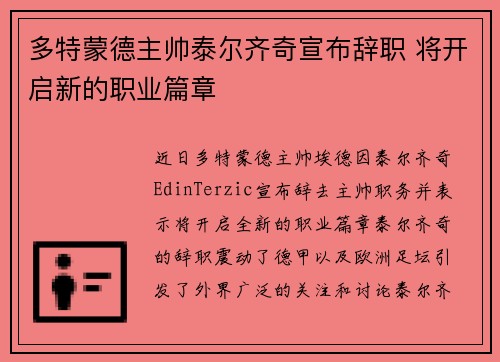 多特蒙德主帅泰尔齐奇宣布辞职 将开启新的职业篇章