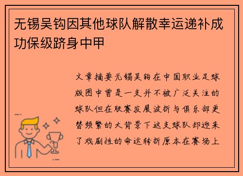 无锡吴钩因其他球队解散幸运递补成功保级跻身中甲